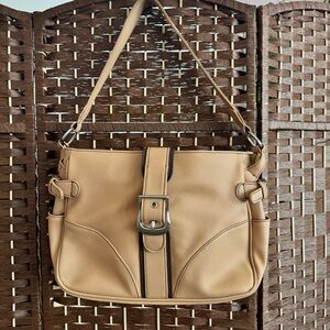 Tan Pebbled Faux Leather Shoulder Handbag with Magnetic Buckle Closure